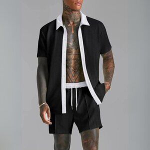 Men's Blac w/ White Contrast Collared Short Sleeve Top & Shorts Outfit